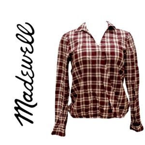 Madewell wrap front plaid blouse.